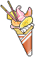 The Mainstay Melba Crepe with strawberry soft cream, pink custard, whipped cream, strawberry pocky, with banana, peach, mandarin orange, and pineapple